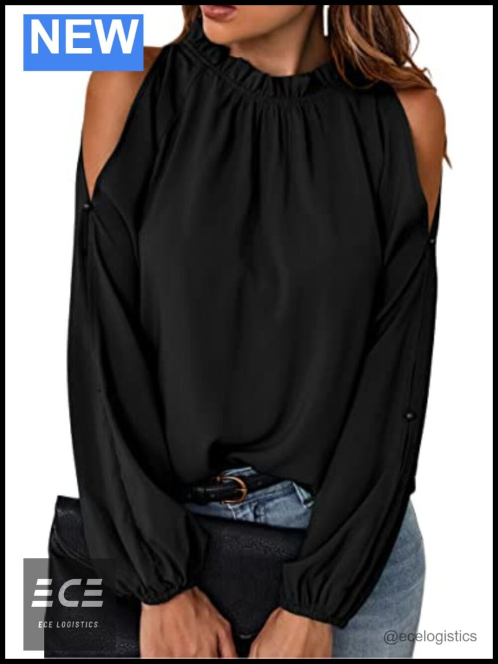 Womens Chiffon Cold Shoulder Blouse Ruffle Collar Long Sleeve Work Top